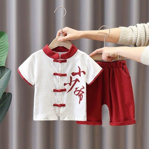 Летняя одежда, летний комплект, ханьфу, из хлопка и льна, китайский стиль, короткий рукав, детская одежда