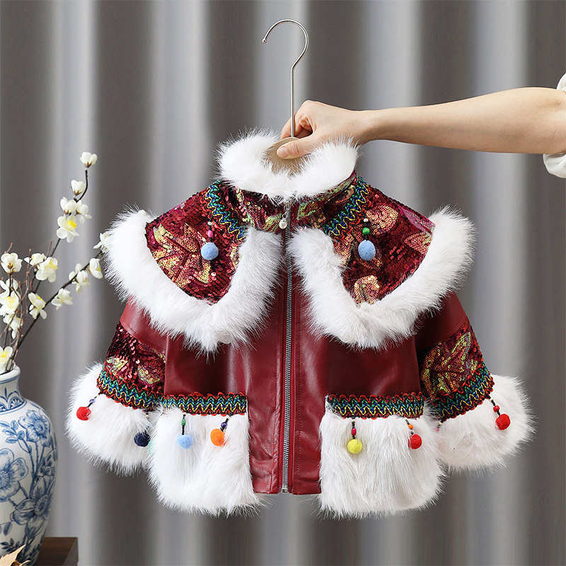 Girl's winter style cotton clothes national wind imitation leather grass jacket children thickened Chinese New Year leather clothes trendy baby winter dress cotton clothes-Taobao