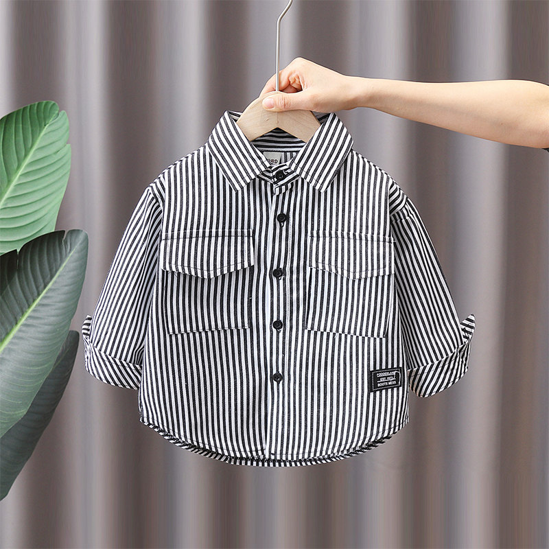 Children Shirt Striped Spring Autumn White Fried Street Long Sleeve Boy Handsome Autumn Trendy New Baby Autumn Clothing