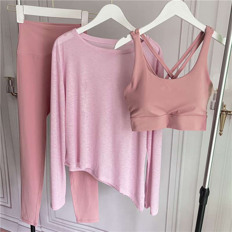 Pink Girly Three-Piece Sports Set for Women with Side Straps, Long Sleeves, Spring and Summer New Style, Naked Feeling, Quick-Drying, Breathable Fitness Yoga Clothes