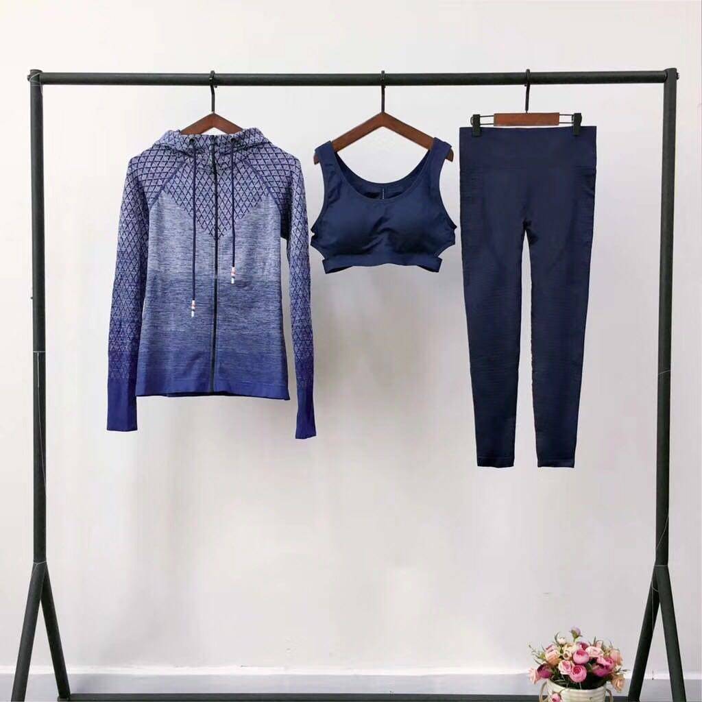 British single wave Lingge long-sleeved sports three-piece suit professional quick-drying fabric seamless elastic good yoga fitness clothes