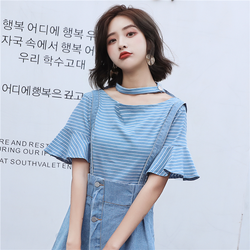 2020 Spring / Summer New Loose sọc ngắn tay Ding áo thun cao eo Denim Dây đeo váy Set