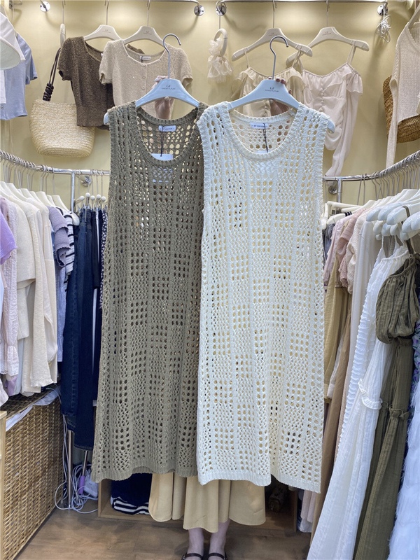 2026 Spring/Summer New Korean Design Hollow Knit Mesh Round Neck Layered Atmosphere Vest Dress for Women
