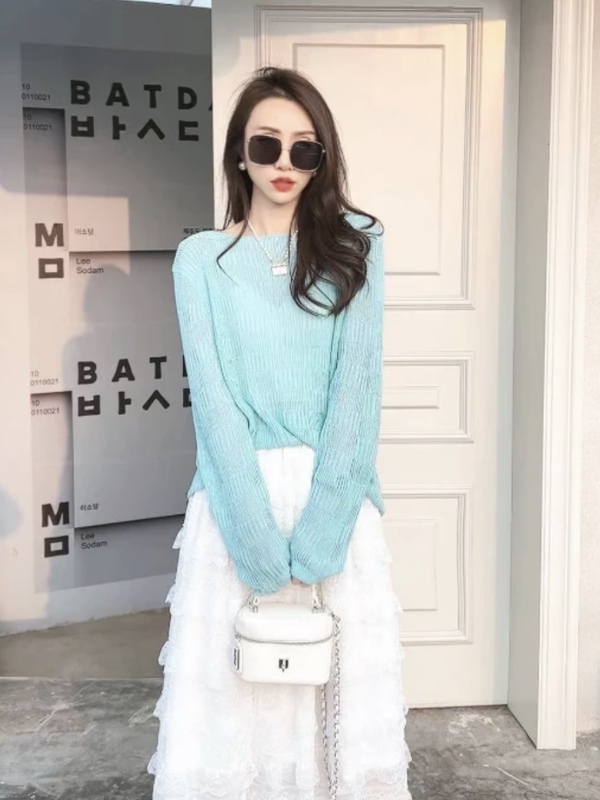 Thirteen Rows 2026 Summer New Style Loose Slimming Thin Ice Silk Sunscreen Long Sleeve Knitted Cover-Up Solid Color Top for Women Thirteen Rows 2026 Summer New Style Loose Slimming Thin Ice Silk Sunscreen Long Sleeve Knitted Cover-Up Solid Color Top for Women