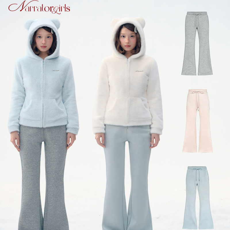 Narratorgirls Pink Fleece-Lined Drawstring Skinny Casual Pants Flared Sweatpants
