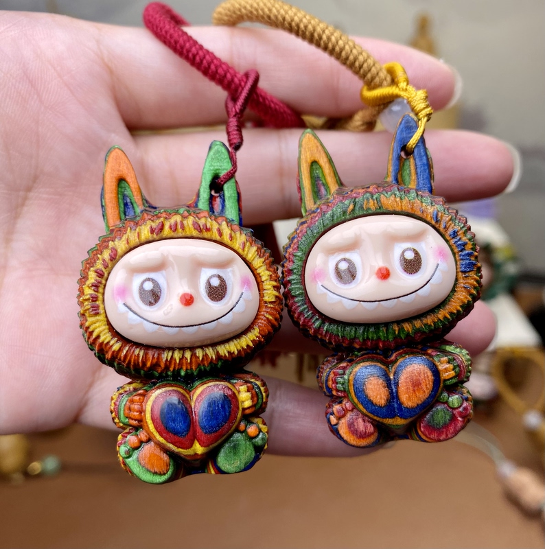 Rainbow Heart Standing Cloth Pendant Car Hanging Bag Keychain Tassel Ornament Wood Carving