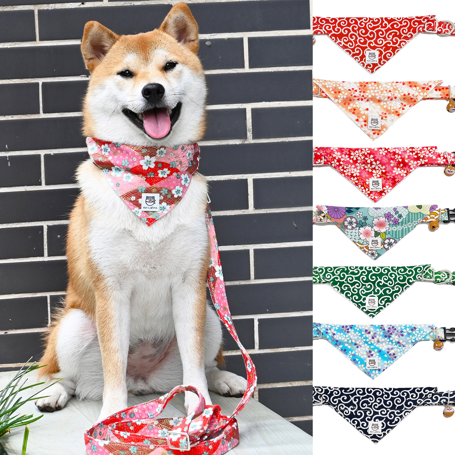 Handmade Japanese style tang grass pattern traction rope Japanese pet puppies Shiba Inu collar collar triangle scarf scarf dog rope