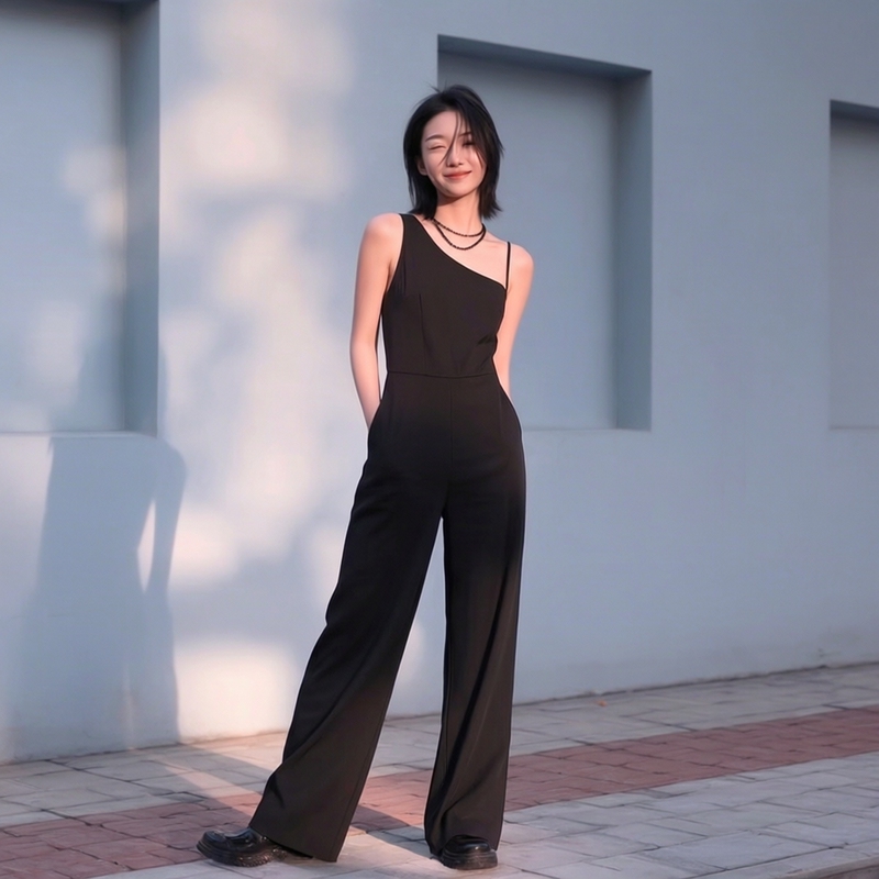 Asymmetrical Sleeveless One-Shoulder Jumpsuit for Women, Summer Black High-Waisted Slimming Elegant High-End Straight-Leg Long Pants Asymmetrical Sleeveless One-Shoulder Jumpsuit for Women, Summer Black High-Waisted Slimming Elegant High-End Straight-Leg Long Pants