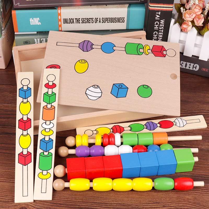 Montessori early education teaching aids 1-3-4 years old 5 children's puzzle beaded toy Montessori three-body six-color beading box