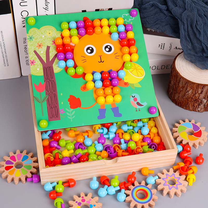 Young Child Mushroom Nail Jigsaw Puzzle Plugboard Big Grain Puzzle Force Development Boy Girl Desktop Spell and Brain Toy