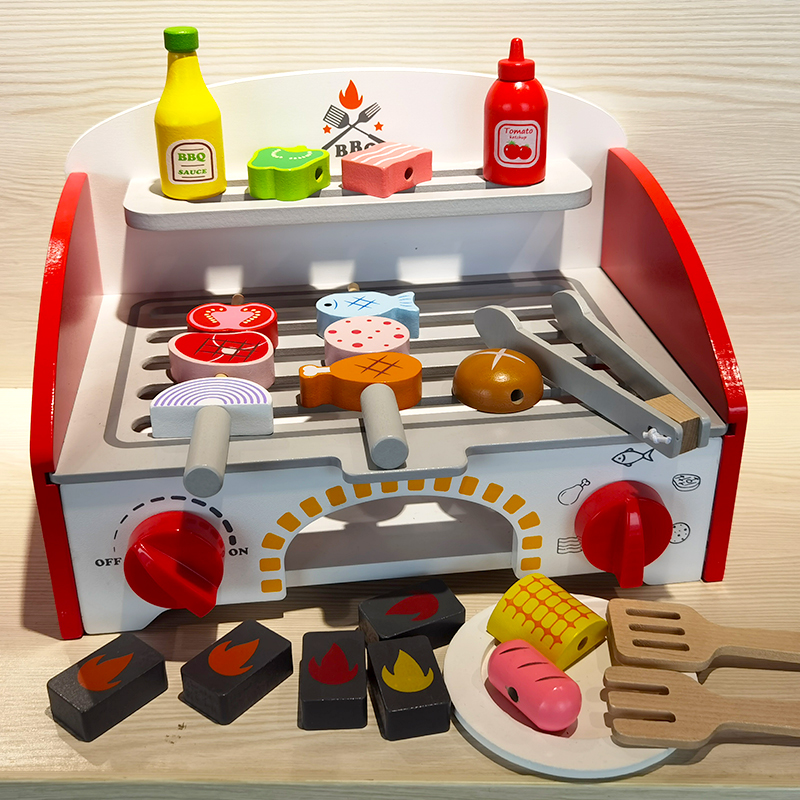 Wooden Emulation Barbecue Grill Table Dress Home Wine Kitchen Set Toys for boys and girls 3-5-6-year 4 old 4 baby gifts
