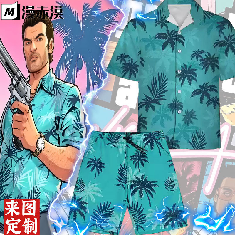 Gta Vice City Tommy Shirt Men's Floral Shirt Hawaiian Style Coconut Palm Leaf Beach Seaside Vacation Wear
