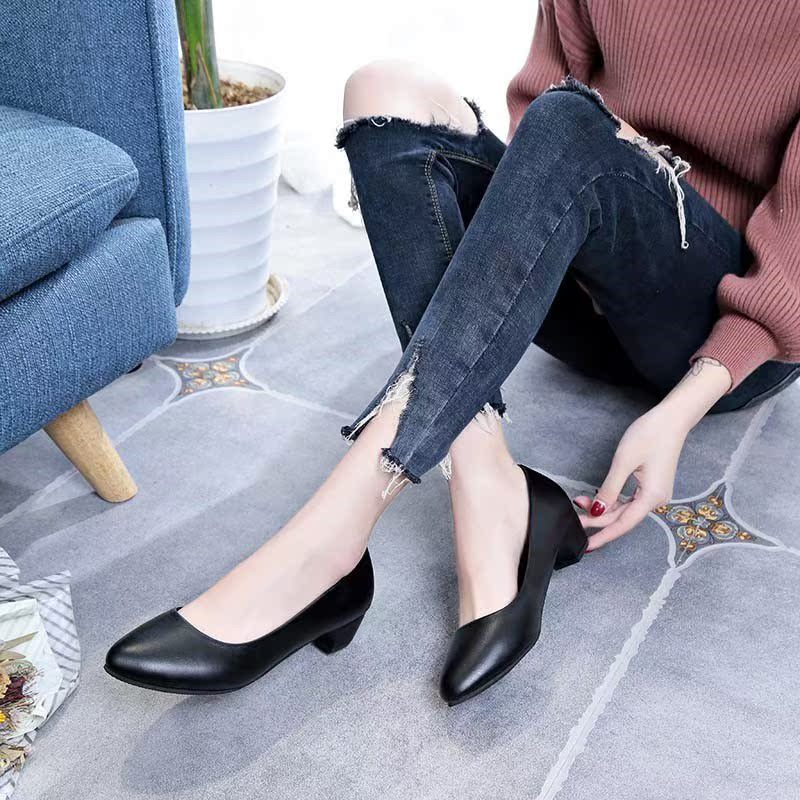 3 - 5 young women high heel soft leather professional comfort in the black shallow shoes and leather shoes workplace