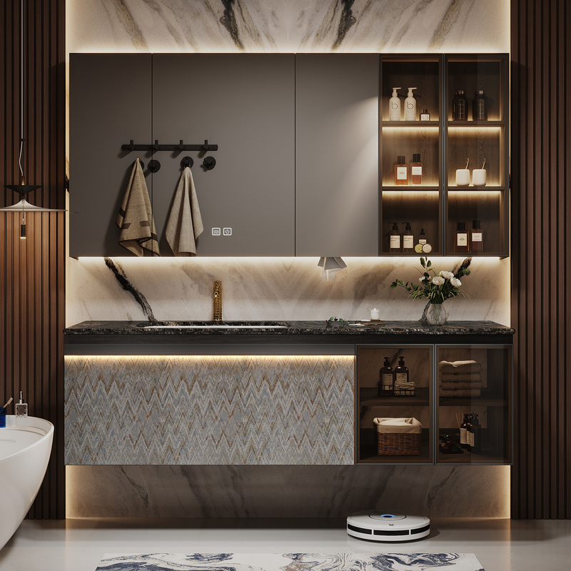 Hotel-Style Bathroom Cabinet Set with Imported Natural Luxury Stone Ceramic Basin, Bathroom Vanity Sink, Washbasin Cabinet