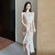 Gege family ladies sexy round neck show chest lace light luxury mid-length off-the-shoulder fishtail ruffled slit dress