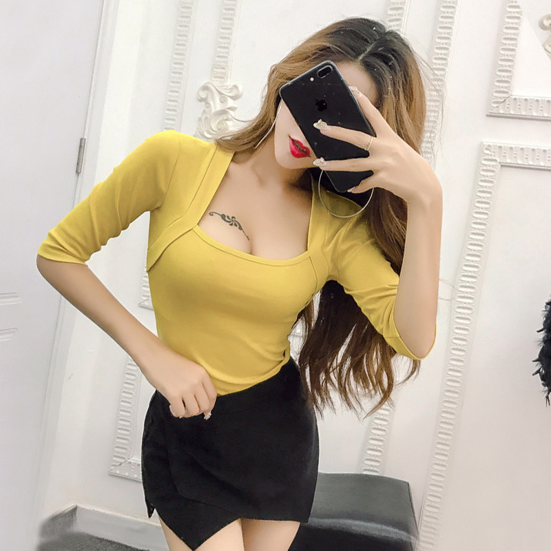 Gagger Home Net Red Sexy Nightclub Pure Color Kan Shoulder Low Collar Open Chest Square Collar Middle Sleeve Tight Fit Woman t-shirt blouse