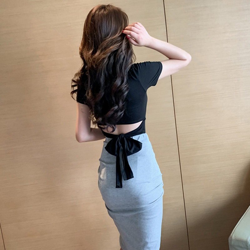 Gagga careful with female summer sexy short sleeve sexy open-back butterfly knot personality leakage back to fix woman t-shirt