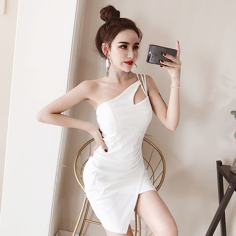 Gegejia Net Red Anchor Mirrored Short Skirt Sexy Night Show One Shoulder Slanted Shoulder Irregular Hip Dress Female