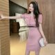 Gegejia Spring ladies sexy short-sleeved bottoming knitted skirt color-blocked edge slim waist-pack hip dress