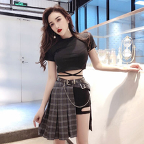 Geger Home Casing Machine Strap Black T-Shirt Womens Sleeve Short Shirt Short Skirt Belt Four-Piece Set 8072
