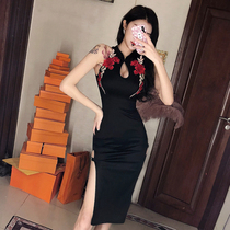 Gergejia summer new sexy nightclub anchor hanging neck long side high open cheongsam dress