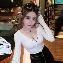 Geggejia Spring Womens nightclub sexy deep v-neck low-cut button slim slim Joker T-shirt long sleeve shirt tide