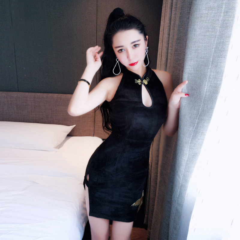 Gge Home Retro Qipao Seductive Nightfield Seduction Riot Side Open Fork Embroidered Small Gown Wrap Hip Dress Short Dress