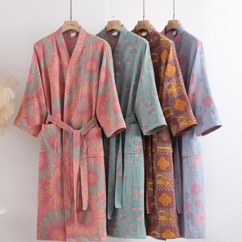 Pure Cotton Gauze Thin Bathrobe with Colorful Woven Patterns, Absorbent Summer Unisex Nightgown, Travel Large Bath Towel, Beauty Salon