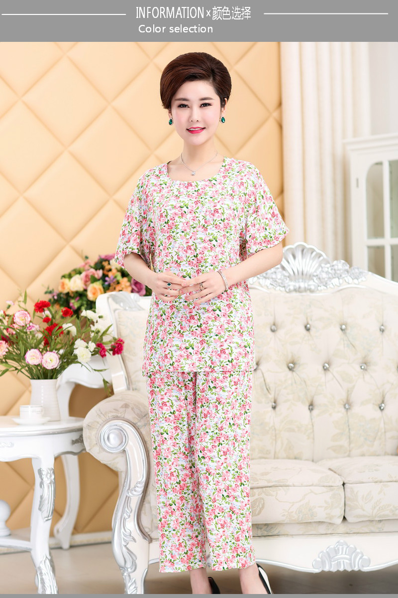 Mùa hè ngắn tay cotton lụa phù hợp với bông vải XL trung niên đồ ngủ phụ nữ vải cotton mẹ tải dịch vụ nhà