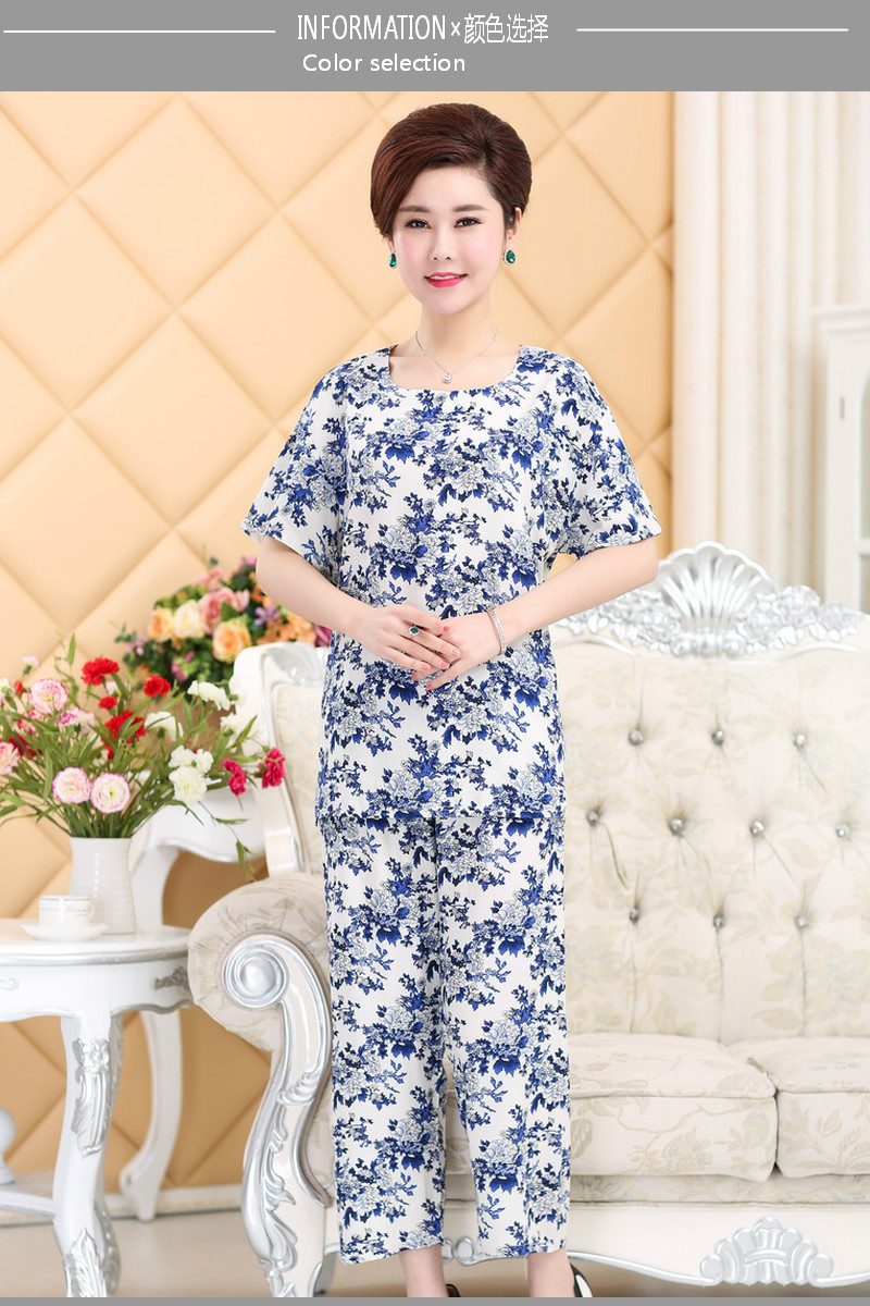 Mùa hè trung niên và người cao tuổi ngắn tay đồ ngủ đặt bông lụa XL của phụ nữ cotton mẹ nạp bông lụa dịch vụ nhà