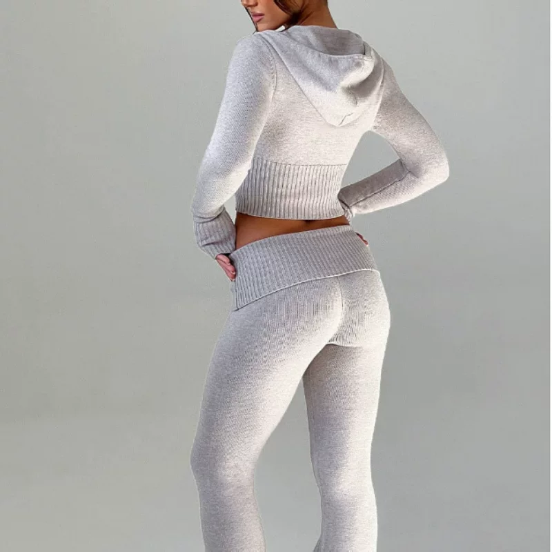 Европейский и американский однотонный короткий худи и casual брюки, женский Two-piece set - однотонный комплект