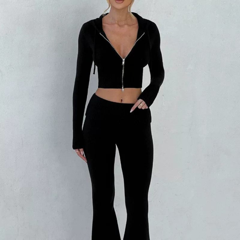 Европейский и американский однотонный короткий худи и casual брюки, женский Two-piece set - однотонный комплект