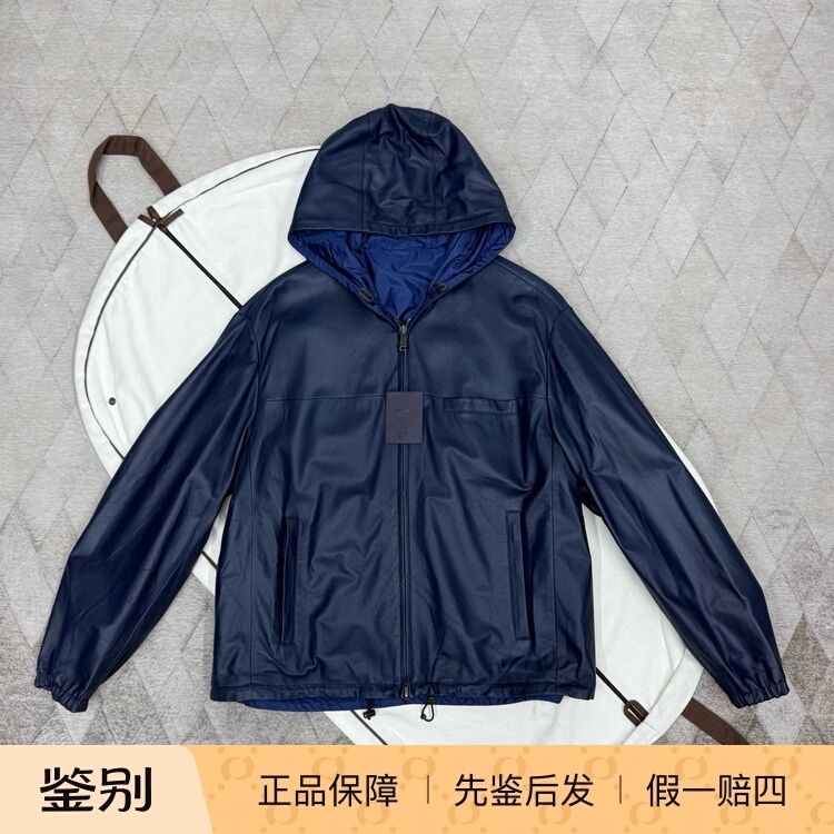 Prada Men's Hooded Jacket Versatile Casual Coat Genuine Leather Baseball Jacket Reversible with Triangle Logo