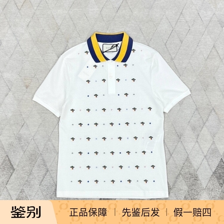 Gucci Men's Short-Sleeve Polo Shirt with Intricate Embroidery, Ufo Embroidery T-Shirt, Fashionable Casual Trendy Light Luxury