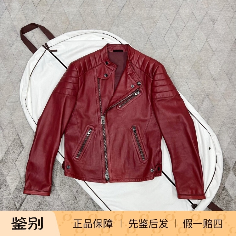 Tom Ford Men's Red Stand-Collar Leather Jacket Motorcycle Leather Jacket Fashionable and Versatile
