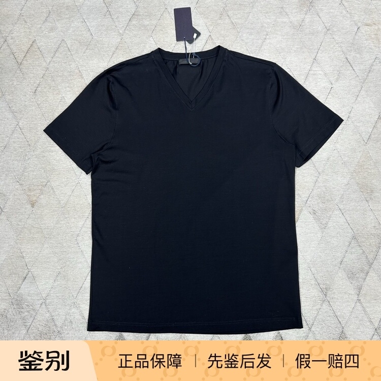 Prada Men's V-Neck Short-Sleeved T-Shirt with Black Embroidered Small Logo, Fashionable, Simple, Versatile, and Light Luxury