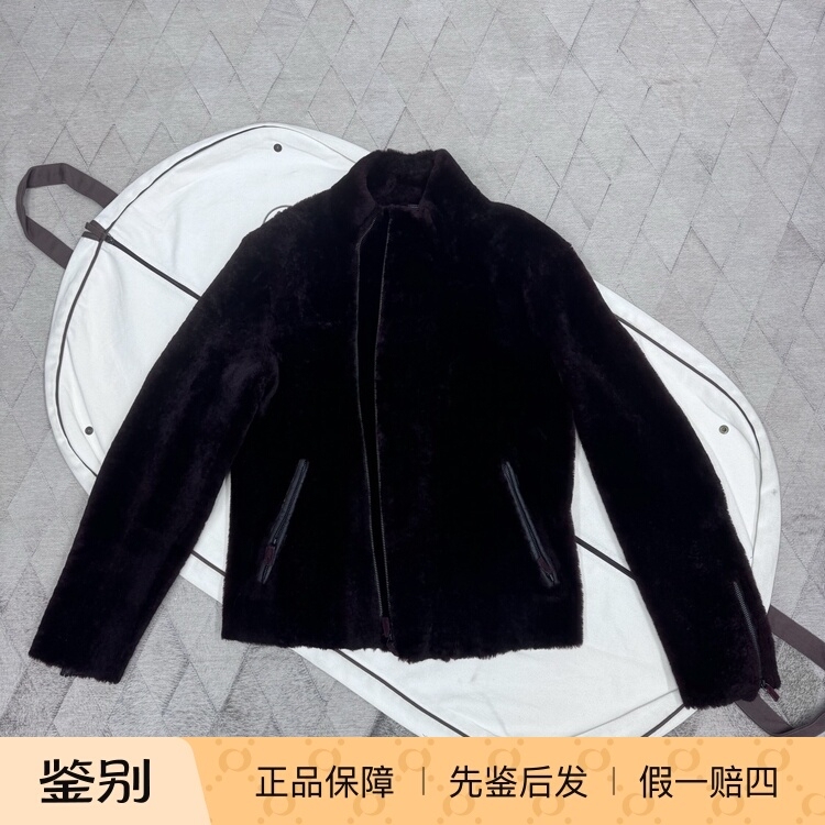 Armani Men's Shearling Jacket with Zipper and Stand Collar, Stylish and Versatile