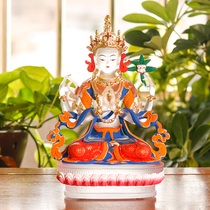 The four-armed Guanyin Buddha statue ancient law glass home Buddhist hall table top is dedicated to the worship of the Buddha ornament open face paste gold painted bodhisattva