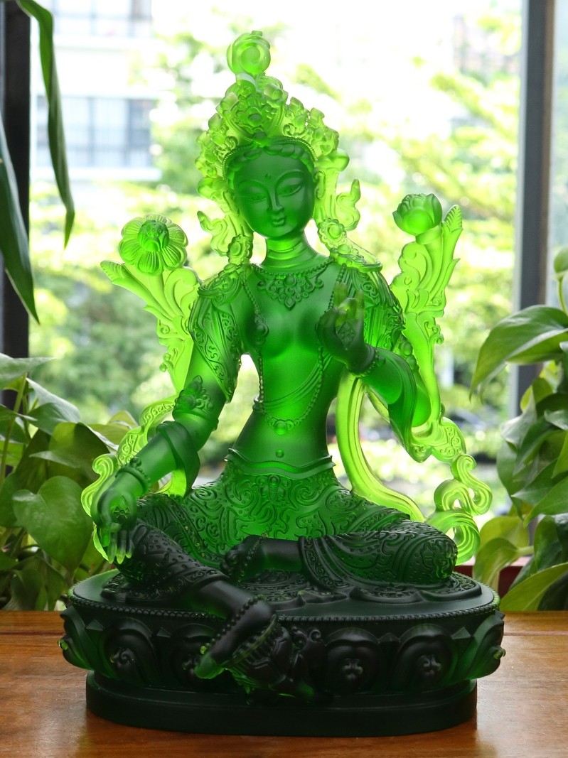 Zen Yue Buddha art ancient law glass Tibetan Buddhism dense green mother Buddha statue decoration home for the large 30.5cm
