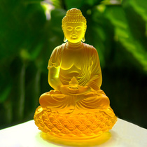 Semi-handmade ancient method true glass yellow medicine Buddha offering home living room ornament lotus base gift box handicrafts