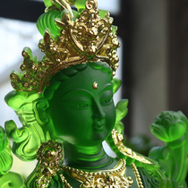 Zen Yue Buddhist Art Ancient Glass Paste True Gold Painted Green Tara Buddha Statue Buddha Hall Ornament Height 30cm