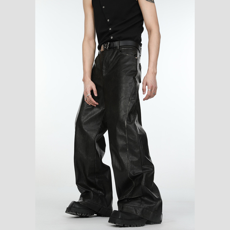 2025 Retro Niche Deconstructed Three-Dimensional Black Leather Pants for Men, Loose Straight-Leg Casual Long Pants with a Distressed Floor-Length Design