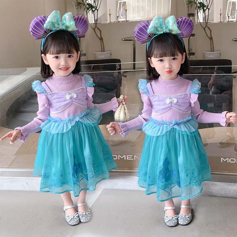 Mermaid Princess Dress Sweater Dress Child Long Sleeve Knit Foreign Dress Autumn Winter Girl Baby Birthday Fluffy Dress