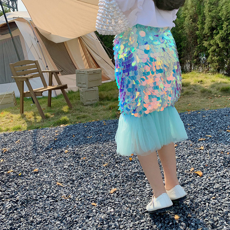 Girl Beauty Fish Princess Dresses Dress Bright Pieces Fish Tail Skirts Children Birthday Half Body Dress Little Girl Foreign Pie Mesh Yarn Dresses