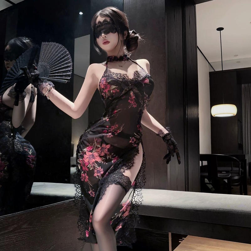 Sexy Lace Nightgown Long Transparent Seductive Bed Teasing Lace Erotic Qqny Long Dress Cheongsam Uniform for Women