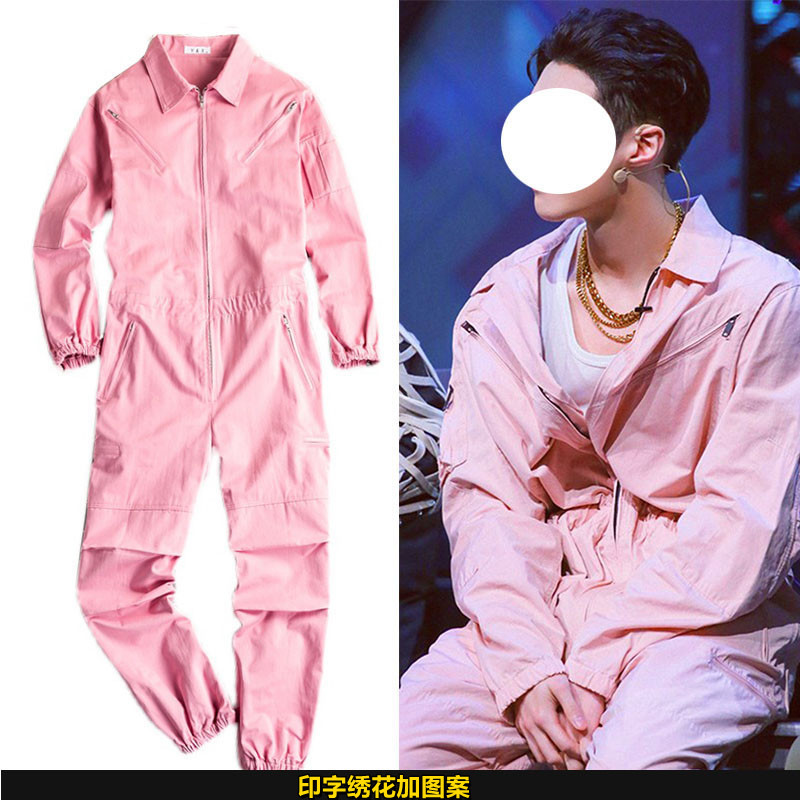 Zhang Yixing Style Pink Workwear Jumpsuit for Men, Trendy Japanese Hip-Hop Style One-Piece Outfit Set Zhang Yixing Style Pink Workwear Jumpsuit for Men, Trendy Japanese Hip-Hop Style One-Piece Outfit Set