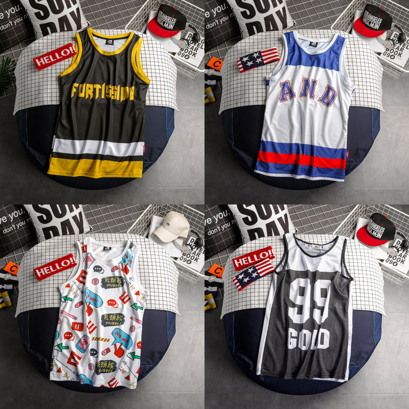 Hip Hop Summer Street Hiphop Tide Men's Basketball Kan Shoulder Sleeveless Jersey Printed Bboy Street Dance With Hat Sweat Vest