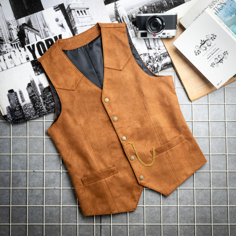 American Retro Brown Suede Vest for Men, Spring & Fall Outerwear, V-Neck Vest, Retro Sleeveless Loose Casual Vest