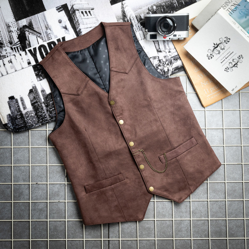 American Retro Suede Vest for Men, Autumn Trendy Brand Versatile Sleeveless Waistcoat, British Style Single-Breasted Jacket