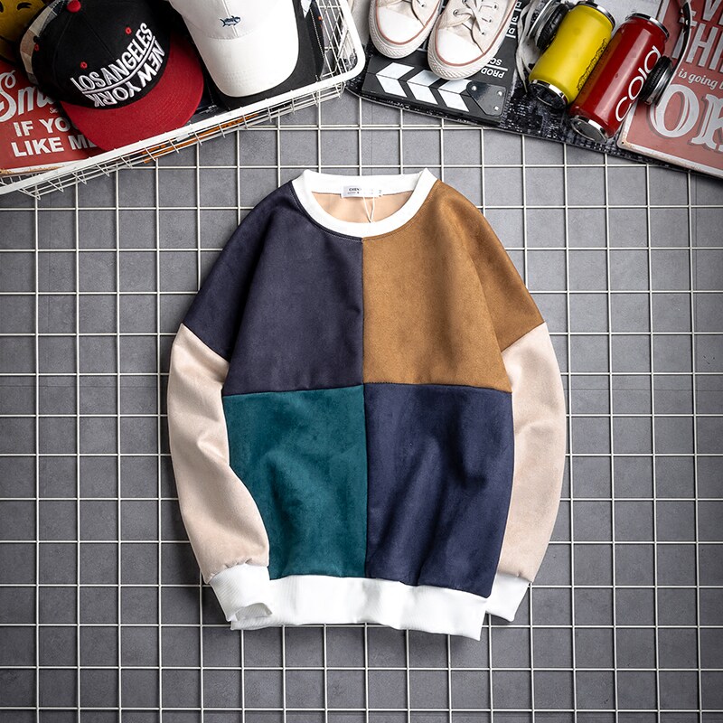 Spring Autumn 2021 Little Fresh Plaid Splicing Color Long Sleeve T-shirt Male Deer Leather Suede Korean Version Casual Thin Coat Sweater